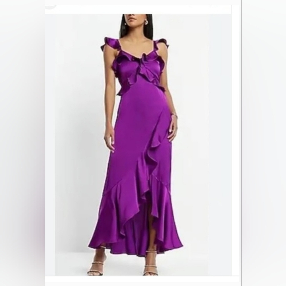 NWOT! Express Purple Satin Spring V-Neck Side Ruffle Women's Luxe Maxi Dress XS